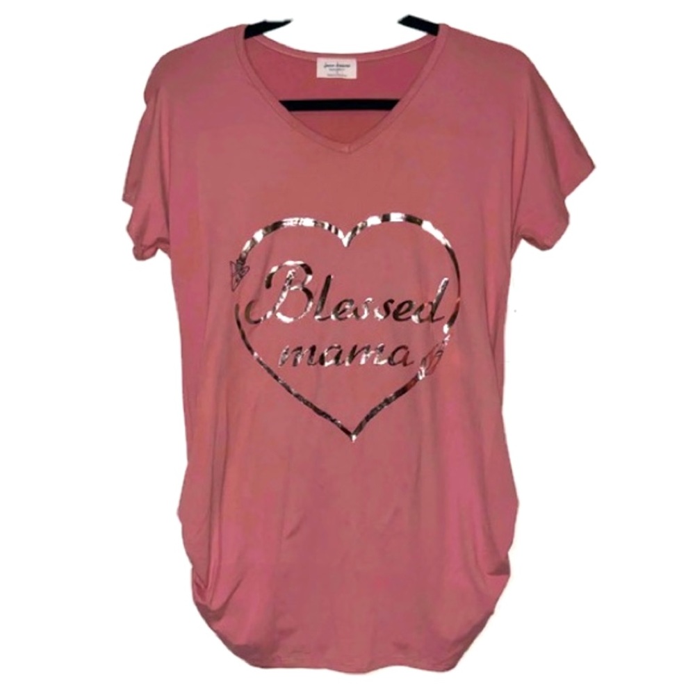 Maternity Blessed Mama Pink Top Small V Neck Free Kisses Pregnancy Shirt